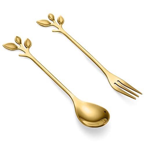 Image of Stainless Steel Creative Tableware Leaf Dessert Spoon & Fork, Coffee,Sugar,Mixing,Tea,Stirring,Cake & Icecream,Stir Bar Gold Set - Set of 1 Leaf Spoon & 1 Leaf Fork (Gold)