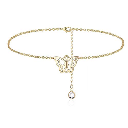 14K Butterfly Crystal Gold/Silver Anklets Adjustable Women's Anklets - Jewelry Anklet Foot Chain Birthday Gifts for Women Teen Girls