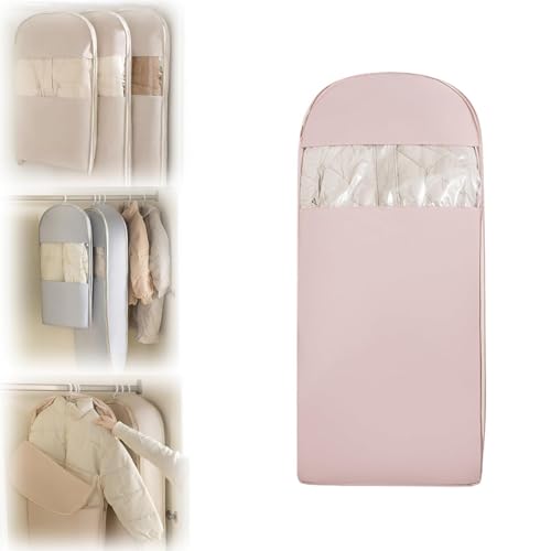 Space Saving Hanging Garment Bag with Self Compression Zipper, Space Saver Closet Organizers, Large Dust Cover Clothes Bags for Down Coat, Hanging Space Saving (Pink,L)