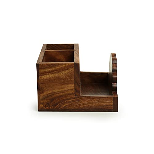 Image of ExclusiveLane 'The Dancing Peacock' Hand Carved Wooden Cutlery Stand & Stationery Holder In Sheesham Wood - Spoon Stand Holder With Napkin Holder Tissue Holder For Dining Table Organizer Spoon Stand