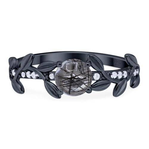 OMRANII Art Deco Ring Round Natural Rutilated Quartz Vintage Leaf Style CZ Wedding Engagement Rings For Women 925 Sterling Silver Gift For Her