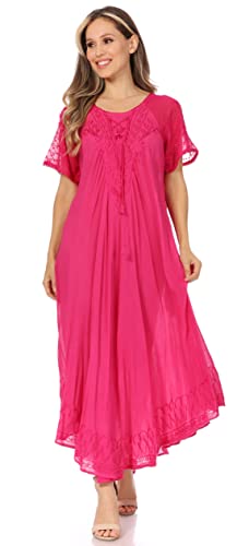 Image of Sakkas Egan Long Embroidered Caftan Dress /Cover Up with Embroidered Cap Sleeves