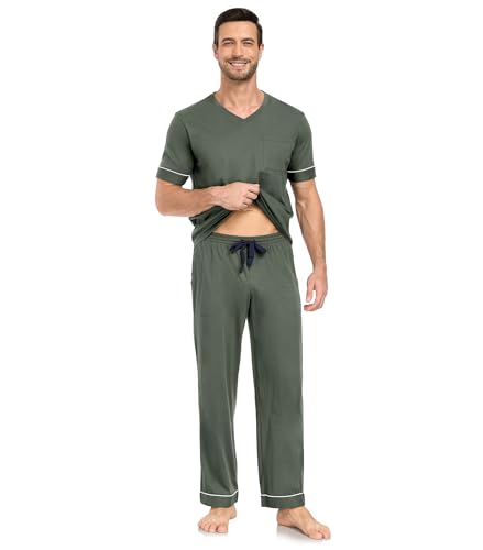 COLORFULLEAF Mens 100% Cotton Pajamas Set Short Sleeve V-Neck Sleepwear Soft Loungewear Pjs with Pockets4