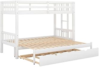 EMKK Twin Over Pull-Out Bunk Bed with Trundle, Wooden Twin Over Twin/Full/Queen/King Bunk Bed, Accommodate 4 People Extendable Bunk Beds with Ladder and Safety Rail, White
