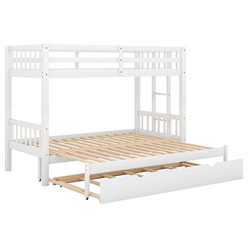 EMKK Twin Over Pull-Out Bunk Bed with Trundle, Wooden Twin Over Twin/Full/Queen/King Bunk Bed, Accommodate 4 People Extendable Bunk Beds with Ladder and Safety Rail, White