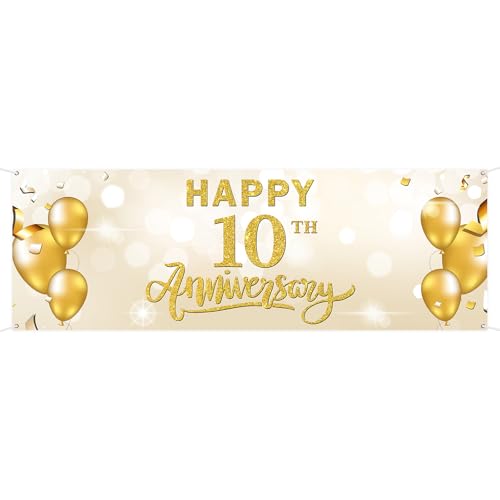 WeBenison Large Happy 10th Anniversary Banner 10 Wedding Anniversary Retirement Garden Backdrop Banner Company Annivers*ry Lawn Sign 10th Birthday Party Outdoor Indoor Decorations 72 x 24 inch