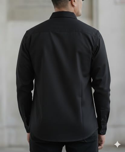 Image of Men's Black Casual Shirt, Long Sleeve, Dual Chest Pockets, Button-Down Collar
