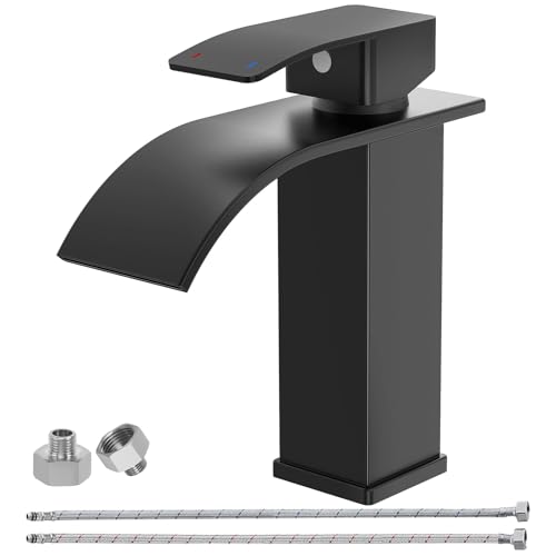 BATHLAVISH Wasserhahn Bad Schwarz Matt Wasserfall Wasserhahn Einhebelmischer Waschbecken Einloch-Waschtischarmatur Edelstahl-Badarmatur mit Auslauf Höhe 110MM Wassersparend Energiesparend