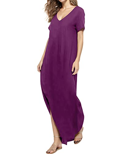 Image of Match Women's V-Neck Casual Loose Short Sleeve Long T-Shirt Dress Split Maxi Dress with Side Pocket