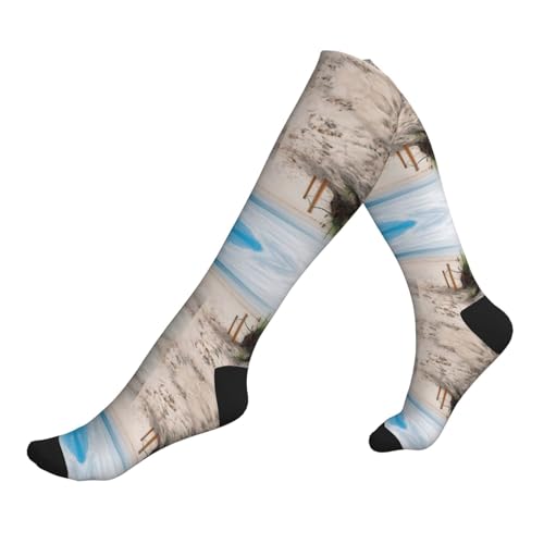 Calcetines de compresión con estampado de paisaje de playa para hombres y mujeres, hasta la rodilla, adecuados para correr, viajar y volar, 1 par, 2 Negro-2, Altoa única