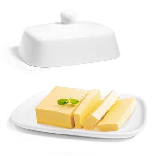 LUBOXIN White Ceramic Butter Dish with Lid, Rectangular Butter Dish with Lid, Vintage Ceramic Butter Container for Countertop , Kitchen Deco, Butter Storage(16.5cm*13.3cm*8cm)