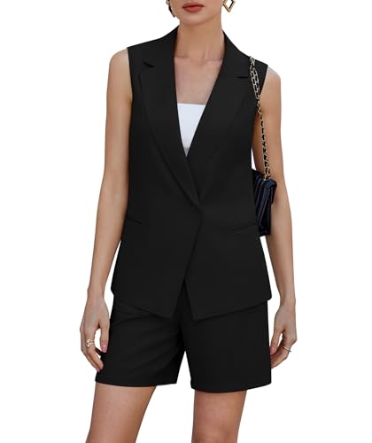 Casly Lamiit Two Piece Outfits for Women Dressy Short Sets Business Casual Blazer Suit Lapel V Neck Vest Formal Professional Clothes Black M