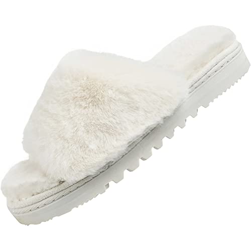Fluffy Open Toe Slippers for Women Indoor Memory Foam, Comfy Fuzzy Womens Summer House Slippers Non-Slip, Soft Faux Fur Slip-on Woman Home Bedroom Slippers - Main Image