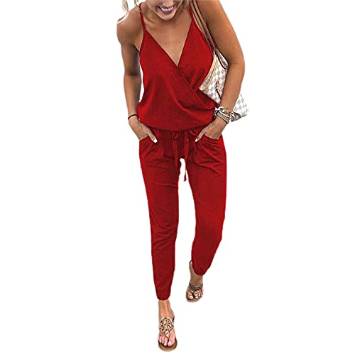 TSWRK Damen Jumpsuit Lang V-Ausschnitt Overall Sommer Ärmellos Hosenanzug...
