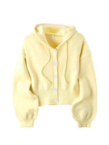 RoseSeek Women's Button Down Cardigan Long Sleeve Knit Hooded Cardigan Sweaters Outerwear Streetwear Yellow Small
