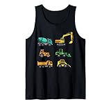 ¿Buscas un traje de juguete para camión? Entonces este bonito traje de camión de construcción para niños es para ti. Perfecto regalo de cumpleaños diseño moderno de 15 camiones de construcción: excavadora, grúa, bulldozer y mezclador de hormigón para niño, niño, niño, hombre, novio y amante de los camiones