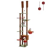 Picture of PEQULTI Mushroom Cat Tree Floor to Ceiling Cat Tower Adjustable Height (90.5''-100.4'' = 230cm-252cm) with Cat Condo, Cozy Hammock and Scratching Post, Tall Activity Tree for Indoor Cats, Brown