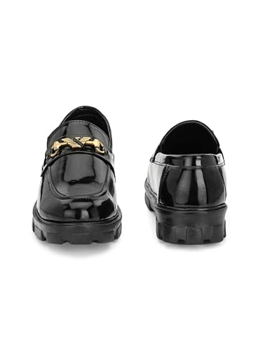 Image of Aaravin's Shiny Synthetic Patent Leather Slip-On Loafers | Chunky TPR Sole Moccasins with Stylish Metallic Buckle | Trendy Comfortable Footwear for Parties, Office and Daily Use