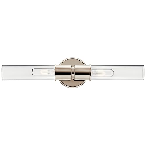 Image of Kichler Aviv 2-Light Wall Sconce, Modern Light with Clear Glass in Polished Nickel, for Bedroom, Laundry Room, Kitchen or Hallway (24 inch x 5.5 inch), 52654PN
