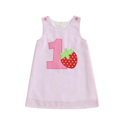 Newborn Baby Girl 1st Birthday Outfit Sweet One Embroidery Sleeveless Plaid Dress Strawberry Shortcake Baby Stuff (Pink, 12-18 Months)