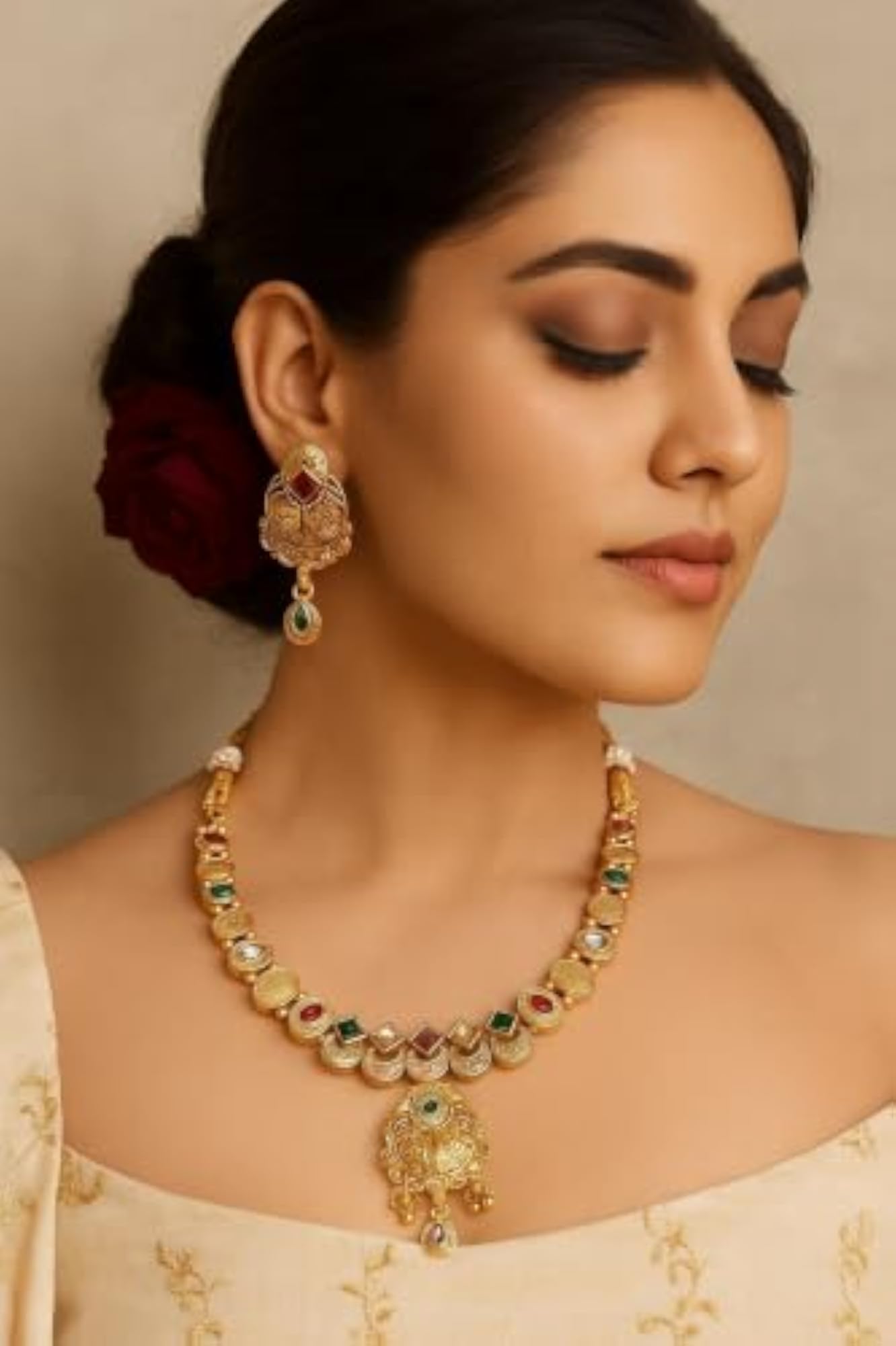 Gold Plated Multicolor Enamel Necklace Set with Earrings