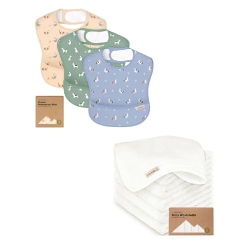 KeaBabies 3-Pack Waterproof Baby Bibs for Eating and Baby Washcloths for Newborn, Kids - Lightweight Infant Bib with Food Catcher - Kids Bath Towels, Face Towel, Face Cloths