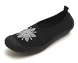 のびのび ストレッチシューズ 軽量 ぺたんこ スリッポンシューズ 花 日本製 ブラック×シルバー S(22.0-22.5cm)