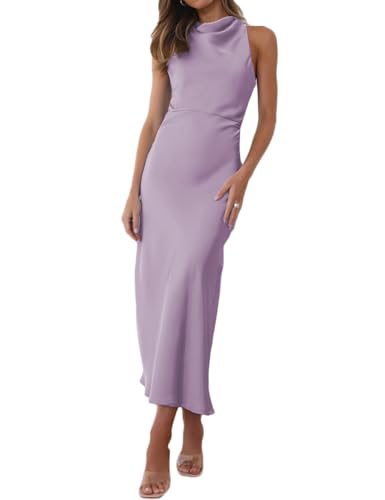 Image of Halfisland Womens Satin High Neck Backless Sleeveless Cocktail Midi Dress