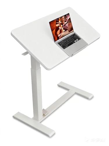 Mobile Standing Desk Adjustable Overbed Table, Pneumatic Height Adjustable Rolling Laptop Desk with Hidden Wheels, 0-180°Tilt Top Rolling Computer Cart Foldable for Home Office, Craft & Study, White