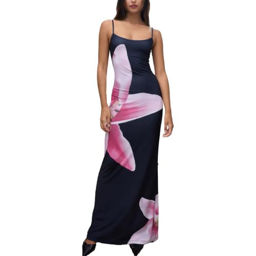 Image of Womens Summer Casual Floral Dresses Spaghetti Strap Bodycon Maxi Beach Dress Elegant Evening Party Long Dresses
