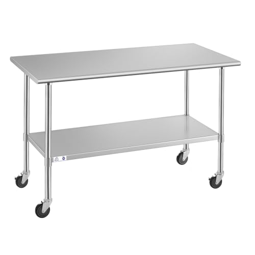 Image of ROCKPOINT Stainless Steel Table for Prep & Work with Caster Wheels 30x60 Inches, NSF Metal Commercial Kitchen Heavy Duty Table with Adjustable Under Shelf and Table Foot for Restaurant, Home and Hotel