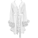 Yexinbridal Women's Feather Robe Fur Trim Silky Chiffon Sheer Sexy Illusion Lingerie Nightgown Sleepwear Bridal Wedding Day