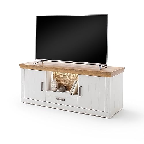Lomadox Wohnzimmer Wohnwand mit TV Board 154cm breit, Wandregal und Higboard in Pinie weiß mit Eiche Nb., mit LED-Beleuchtung, Landhausstil, Schrankwand, Set B/H/T ca. 275/181/50 cm – Bild 7