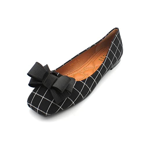 Women's Fashion Bow-Knot Flat Shoes Dressy Plaid Pull On Loafers Ladies Comfort Square Toe Slingback Pump Flats Black/Gray