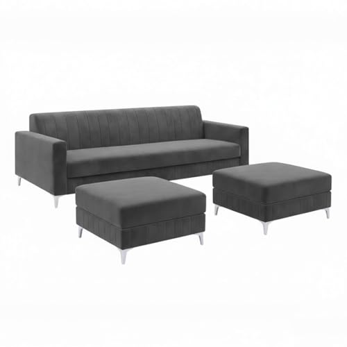 Image of Amelia 5 Seater L Shape Sofa Set with 2 Movable Ottomans | Flexible Layout | Rich Velvet Suede Fabric | Silver Legs | Spacious Seating | Modern Sofa for Living Room (Dark Grey)
