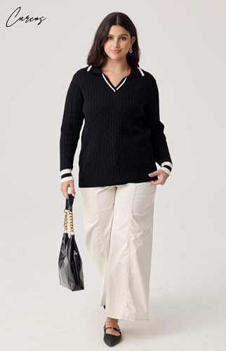 Image of CARCOS Plus Size Sweaters for Women Long Sleeve Pullover Sweaters Lapel Collared Vneck Knit Jumper Tops Fall Winter XL-5XL