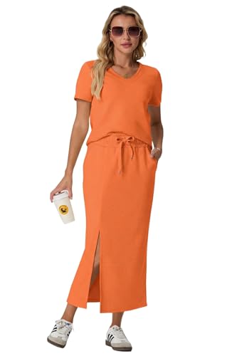 Image of GRECERELLE Women Summer Casual 2 Piece Sets V-Neck Wrinkle-Free Top & Elastic Waist Midi Side Slit Skirt with Pockets
