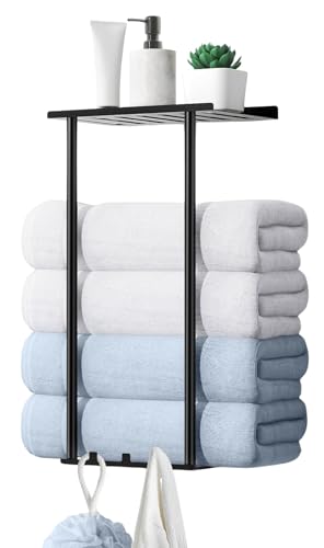 KLJKPA Towel Racks for Bathroom, Wall Mounted Bath Towel Holder Storage Organizer for Rolled or Folded Towels, Towel Storage for Small Bathroom (Black)