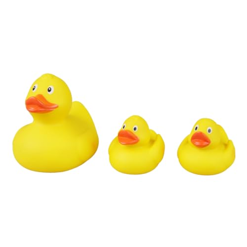 Lena 65543 - Entenfamilie 3er Set, Mama Ente ca. 11cm und 2 Enten Küken ca. 5cm als Badewannen Spielzeug, Quietscheente zum Baden und Spielen, Badeente Familie, Entenset für Kinder ab 12 Monaten, gelb