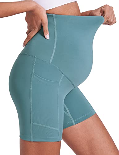 Image of Enerful Women's Maternity Yoga Shorts Over The Belly Comfy Workout Running Active Biker Pregnancy Pants with Pockets 5 inch