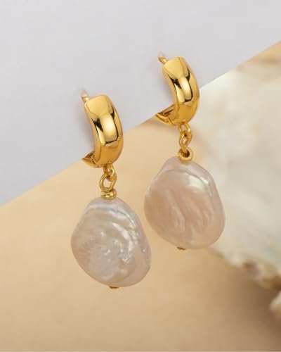 Freshwater Baroque Pearl Drop Dangle Earrings for Women, 14K Gold-plated Chunky Pearl Hoop Earring for Sensitive Ears, Big Hoop Huggie Drop Dangle Earring Hypoallergenic Trendy for Women Gifts 6