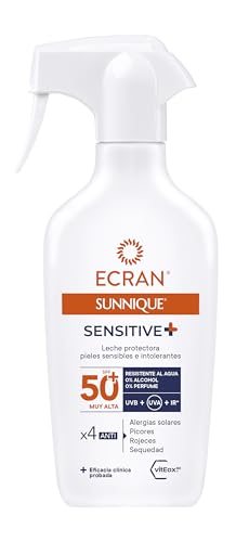 Ecran Sunnique - Leche Protectora Solar SPF 50+ Sensitive en Spray, Protección muy Alta UVA, UVB y IR-A, Antialergias Solares, Resistente al Agua, Pieles Muy Claras e Intolerantes al Sol - 270 ml