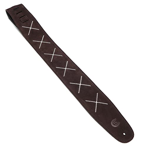 Sangle guitare et basse en cuir suède brun foncé avec broderie - Les Beatles, Paul McCartney, John Lennon, RIngo Starr, George Harrison Sangle guitare et basse en cuir suède brun foncé avec broderie – Image 3