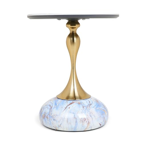 Image of Round Side Table with Marble Top, Brushed Golden Pedestal Base, Metal Base with Marble Effect, Modern Accent Table for Living Room, Bedroom (Blue-ish White)