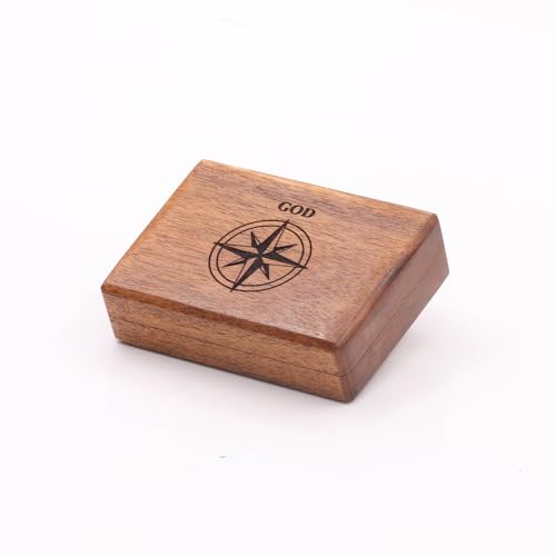 Brújula con grabado en latón antiguo y caja de madera miniatura 4