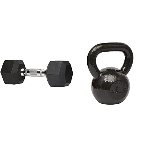 Amazon Basics Rubber Encased Hex Dumbbell Weight - 13.3 x 5.7 x 4.8 Inches, 30 Pounds, Pack of 1 & Cast Iron Kettlebell - 35 Pounds, Black