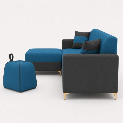 Image of FURNY Signature Regalia 4-Seater L-Shape Sofa Set with Movable Ottoman & Suri Pouf | Flexible LHS /RHS Layout | Boston Fabric | 40D Foam + Zigzag Spring | 3-Yr Warranty (Steel Grey - Sea Blue)
