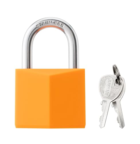 Image of 12-Pack Keyed Alike Locks, Orange Covered Brass Keyed Padlock with Stainless Steel Shackle, 1-9 /16 Inch Lock Body, Rustproof Locks for Luggage Gate Fence Hasp Cabinet Toolbox Gym School Locker
