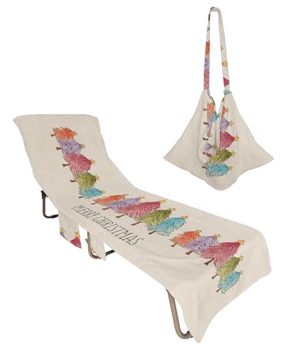 Christmas Tree Beach Lounge Chair Towel Cover, Soft Chaise Lounge Towel with Side Pockets Patio Pool Chairs Cover for Beach/Pool Sunbathing 29x85 Watercolor Colorful Xmas Tree Rustic