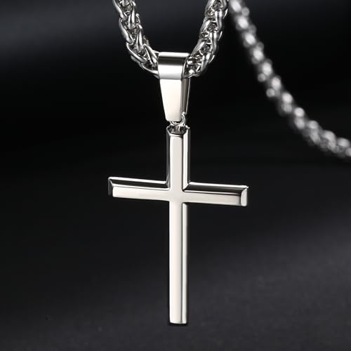 IRONBOX 925 Sterling Silver Cross Necklace for Men Women with 3MM Stainless Steel Strong Durable Wheat Chain 18K White Gold Plated Crucifix Pendant Necklace Jewelry 16-30 Inches4